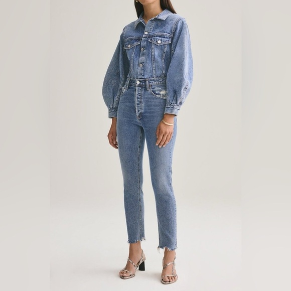 AGOLDE Nico High Rise Slim Jeans 24 Rooted Wash Button Fly Stretch Denim - Picture 1 of 7